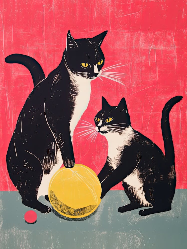 Two Cats Playing With A Ball