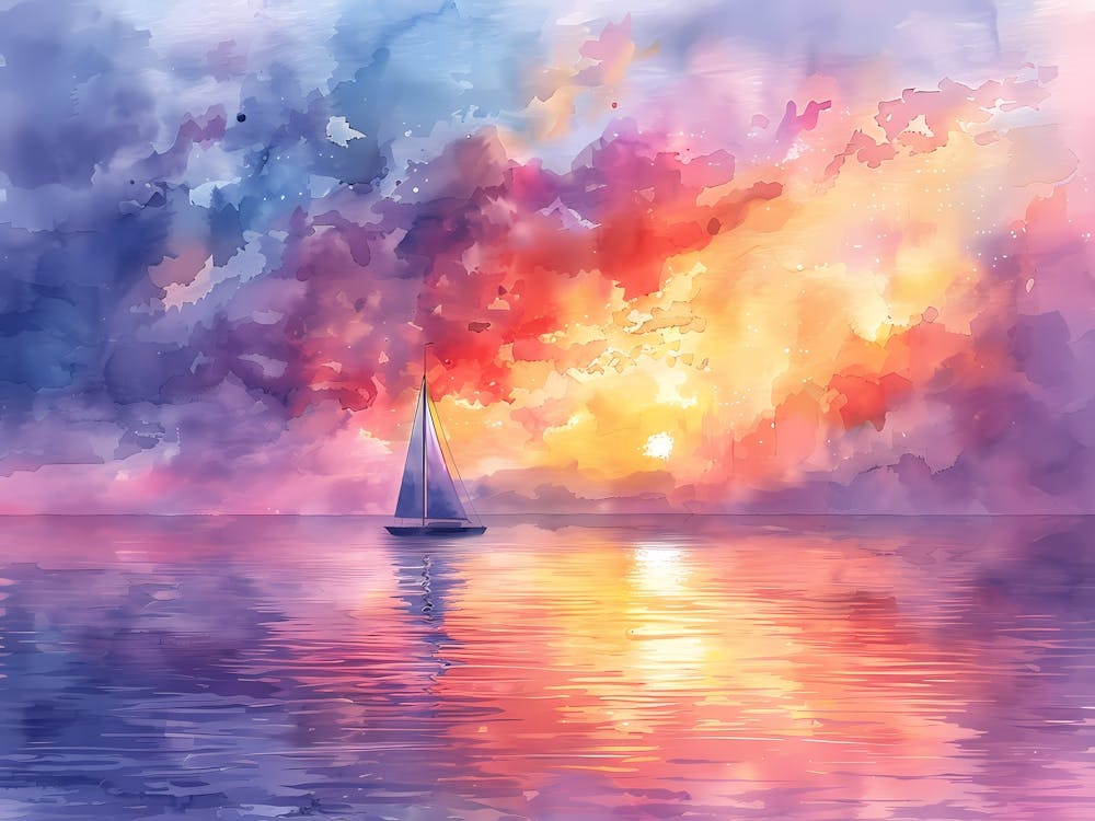 Watercolor Sailboat At Sunset 3