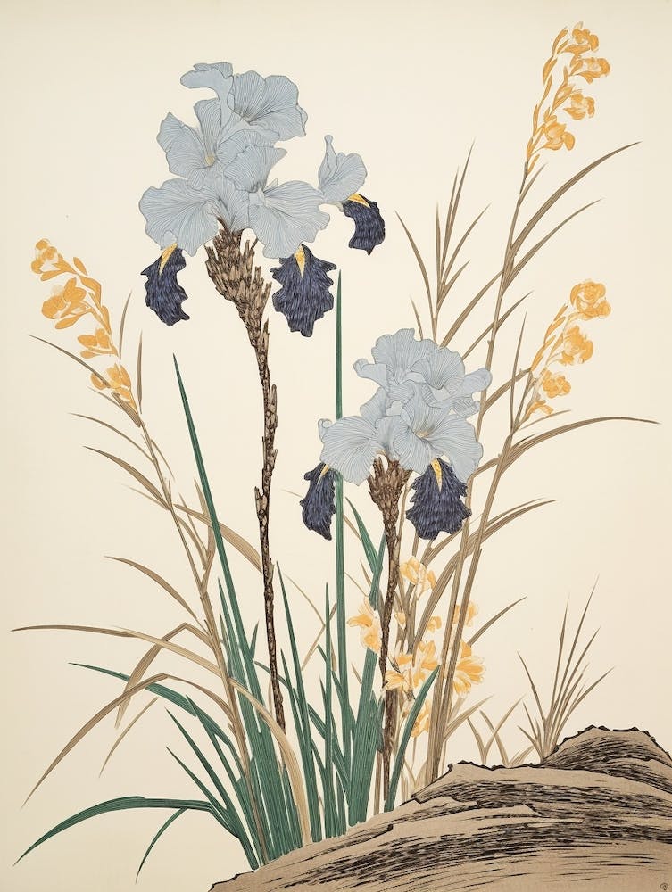 Ayame Japanese Iris 3 Vintage Botanischer Holzblock