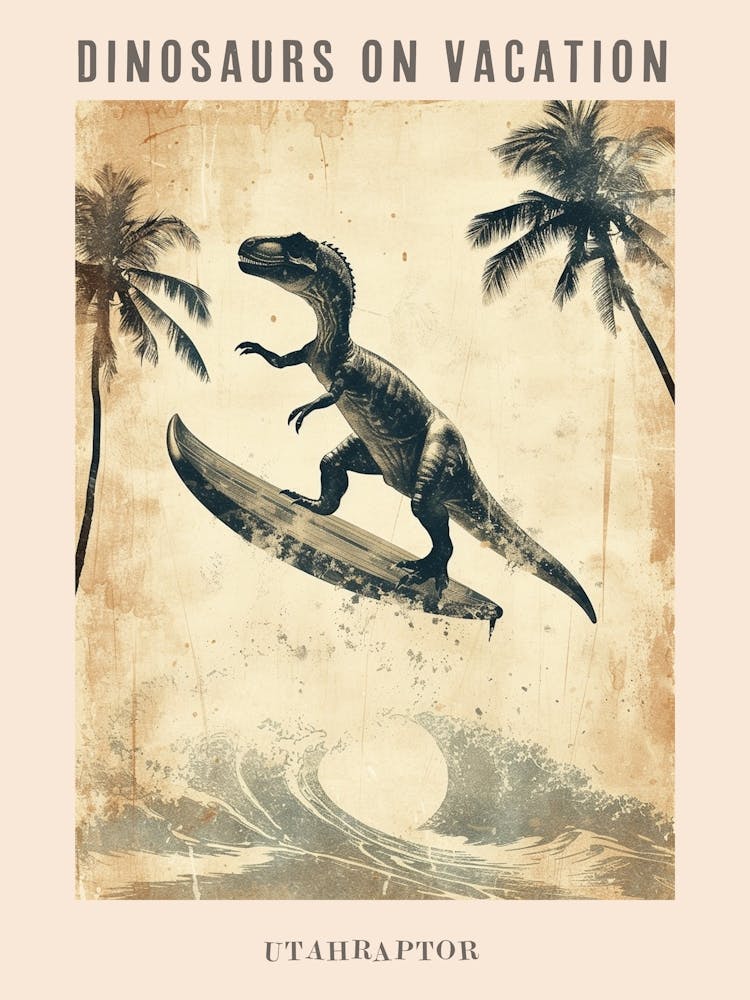 Vintage Utahraptor Dinosaur On A Surf Board 1 Poster