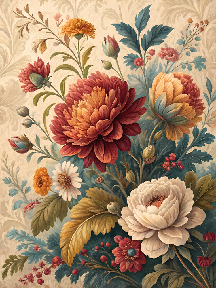 Floral Pattern Inspired by Traditional Oil Painting Style