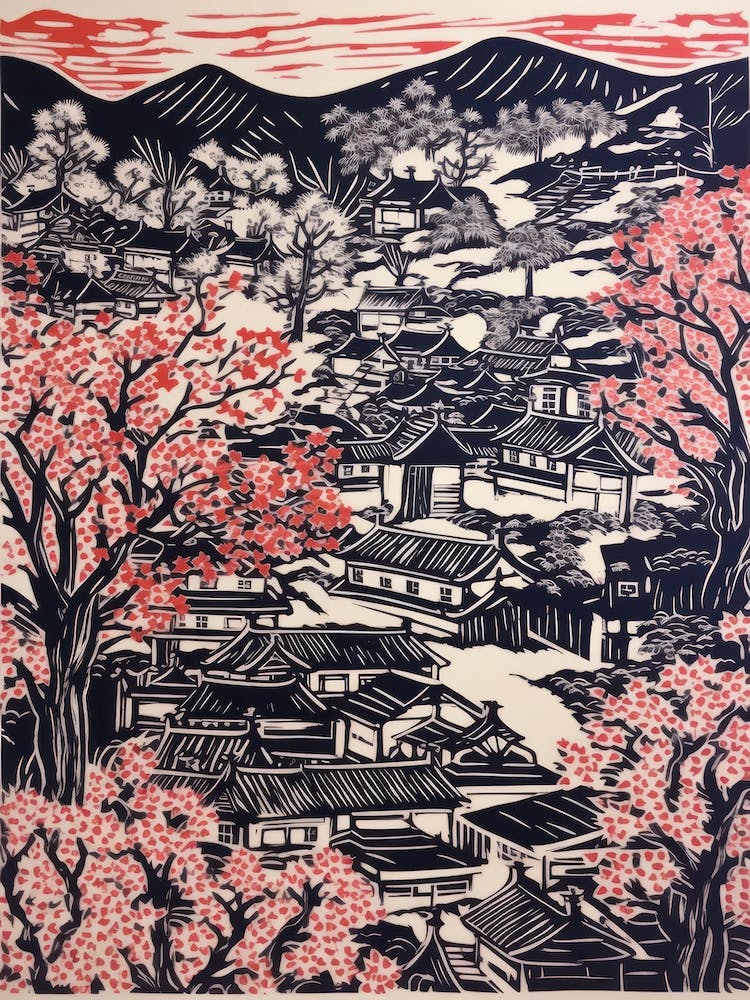 Kyoto Cherry Season Japan Linocut Illustration Style 2