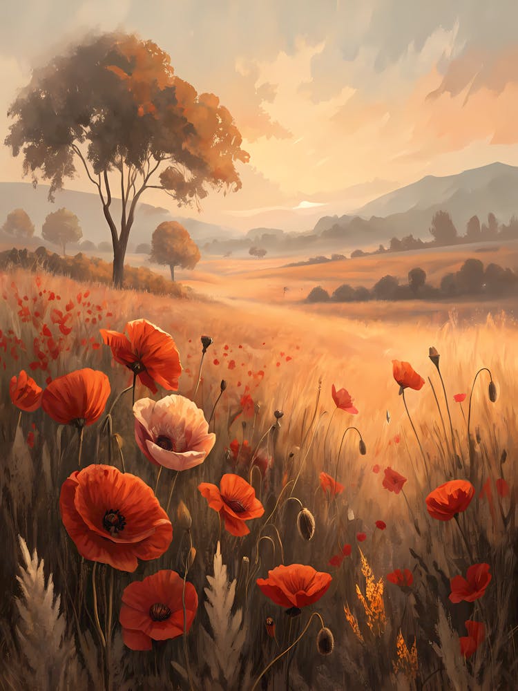 Oil Painting Style Abstract Poppy Field In Muted