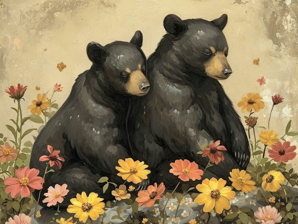 Floral Animal Illustration Black Bear 1