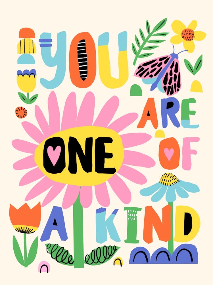 You Are One of a Kind Colorful Folk Art Flowers Illustration