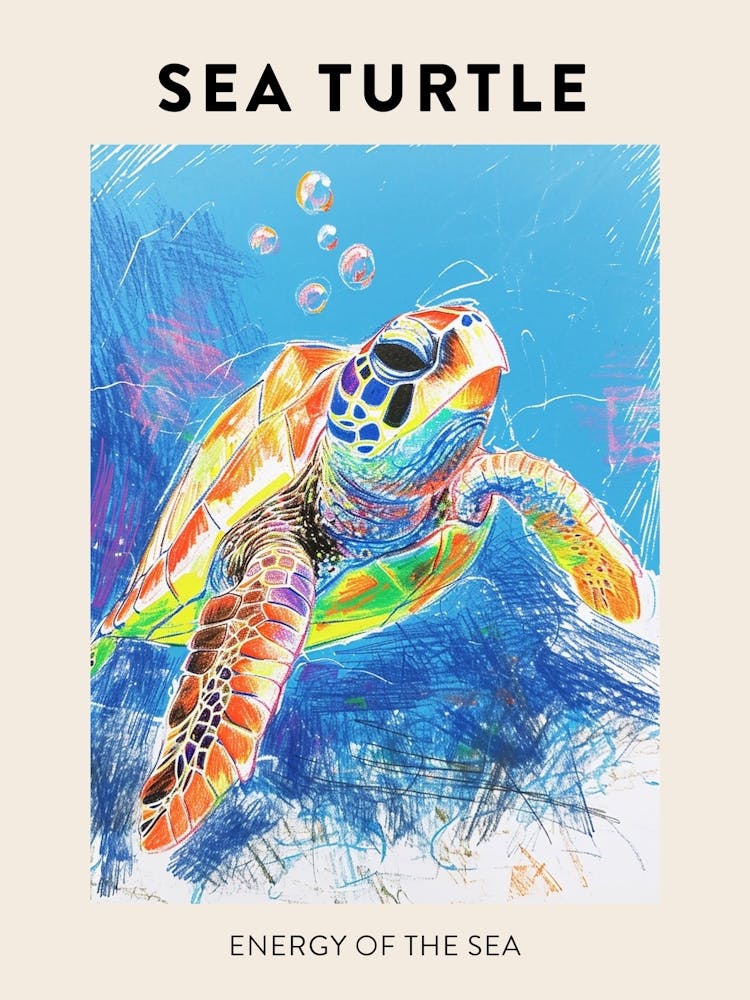Tortue de Mer Gribouillage Océan au Crayon Affiche 2
