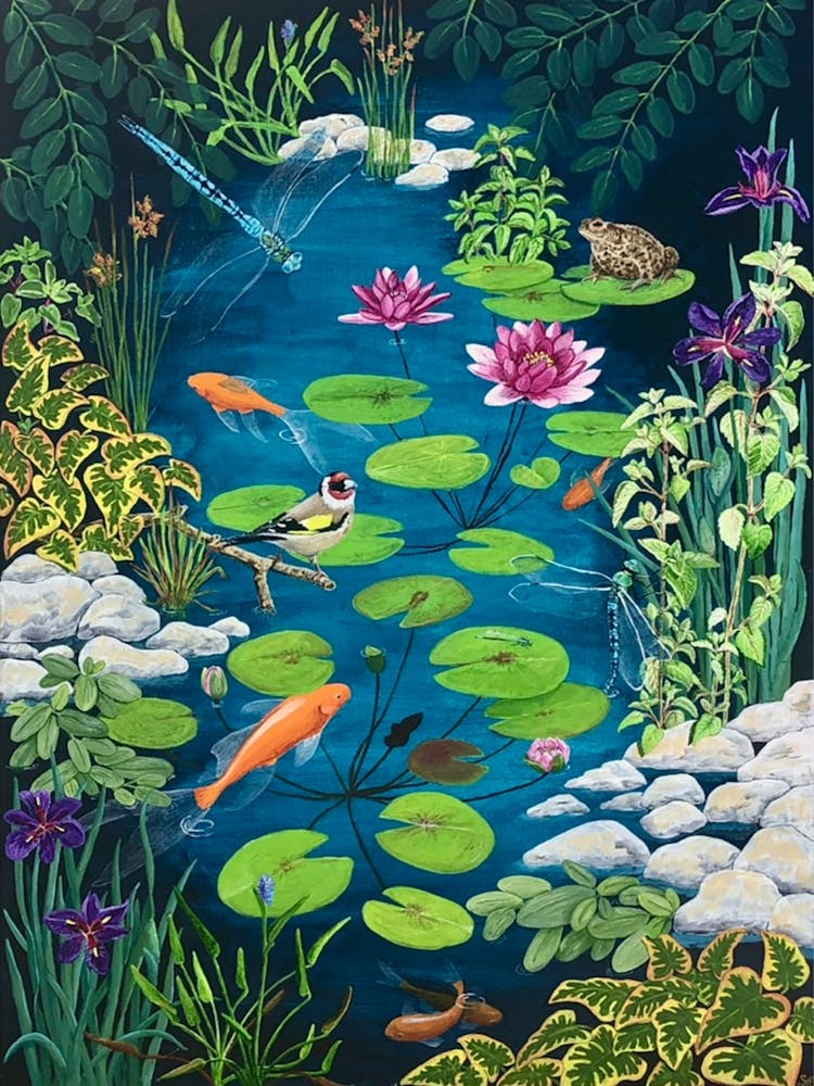 Au Bord de l'Étang: Libellules et Poissons Rouges