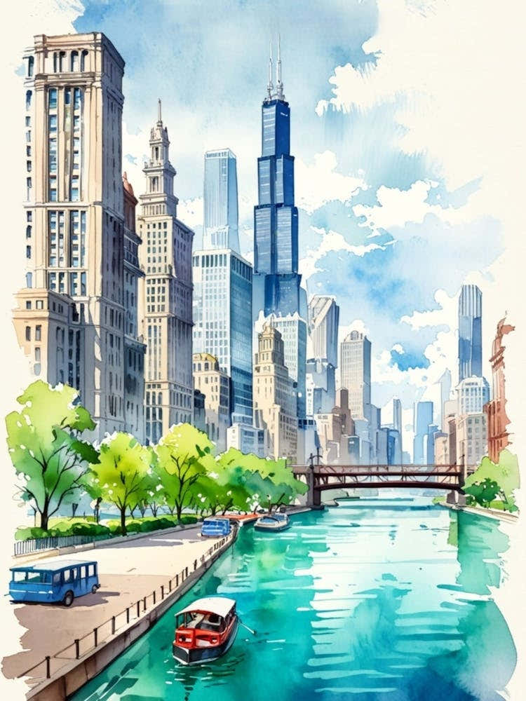 Chicago Skyline Watercolor Painting