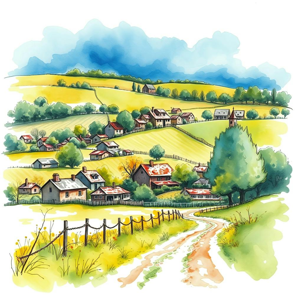 Watercolor Of A Village