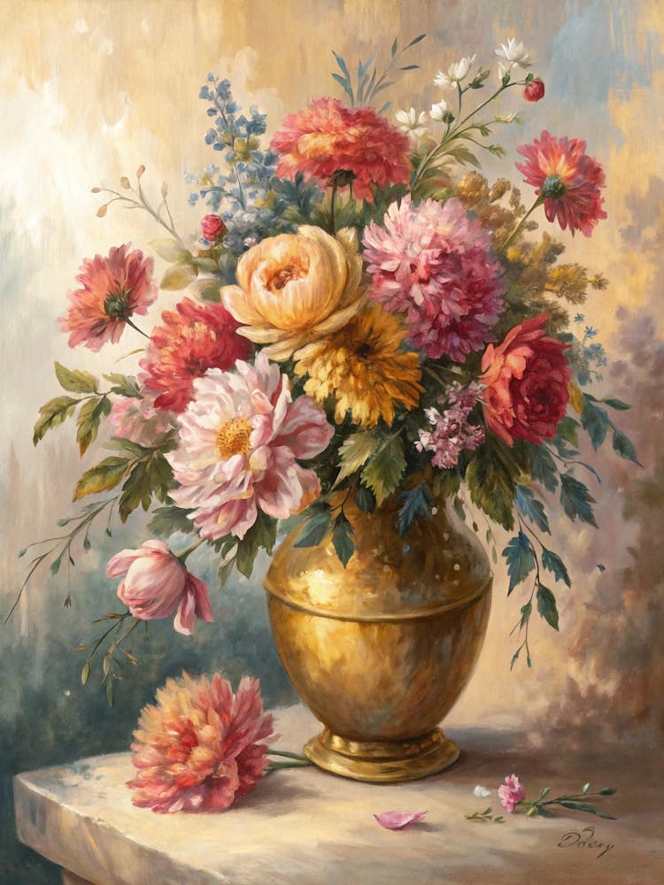 Oil Painting Style Blooming Floral Arrangement In