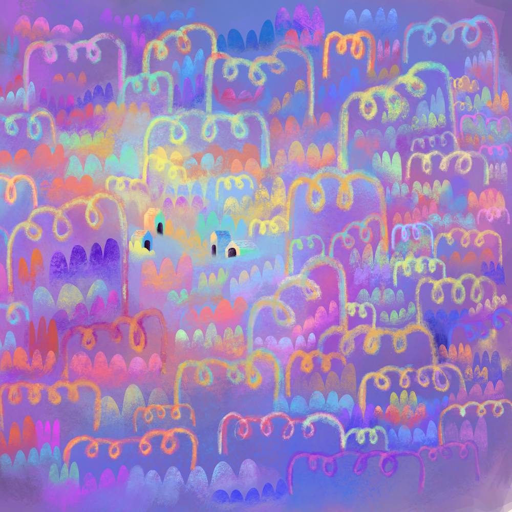 Little town in vibrant whimsical landscape