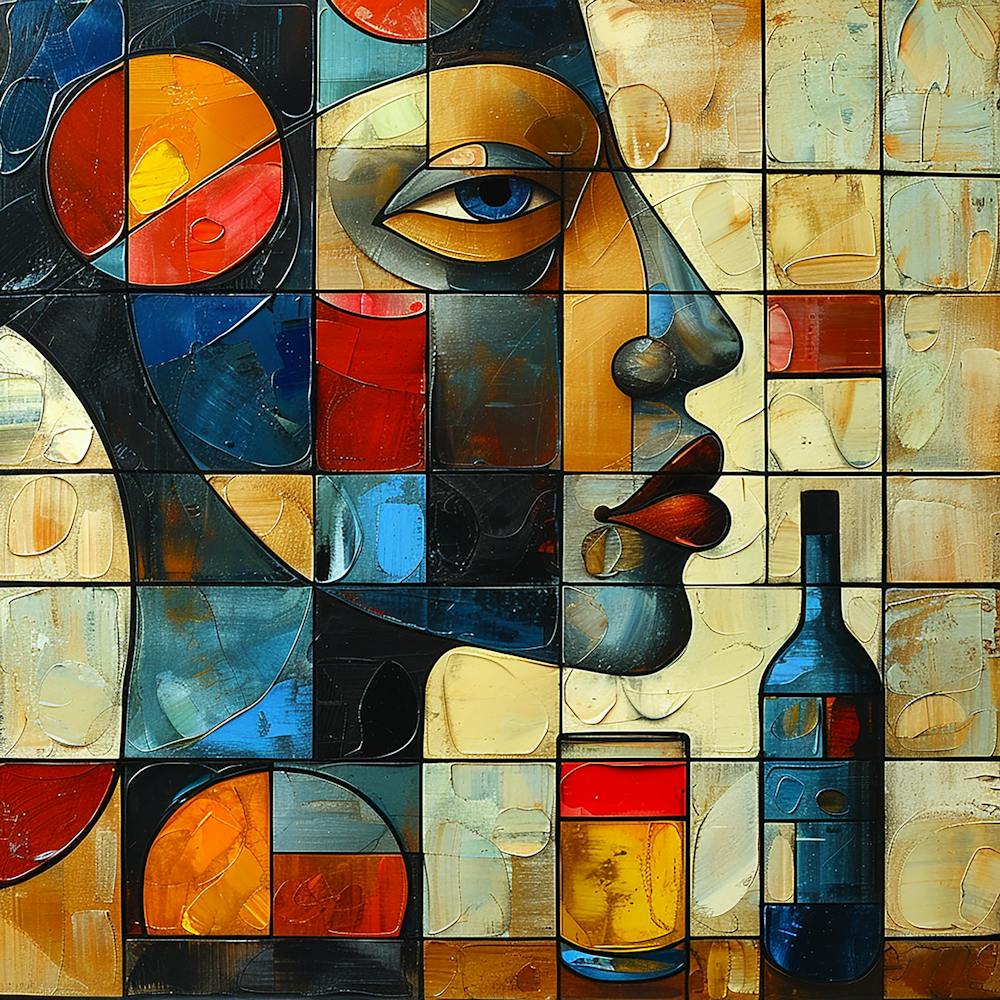Mosaic Woman With Wine Bottle - colorful cubism, cubism, cubist art,    abstract art, abstract painting  city wall art, colorful wall art, home decor, minimal art, modern wall art, wall art, wall decoration, wall print colourful wall art, decor wall art, digital art, digital art download, interior wall art, downloadable art, eclectic wall, fantasy wall art, home decoration, home decor wall, printable art, printable wall art, wall art prints, artistic expression, contemporary, modern art print,