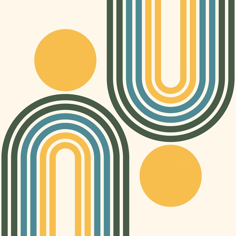 Mid Century Modern Geometric Rainbow And Sun Abstract A12 In Gold Green Teal 02