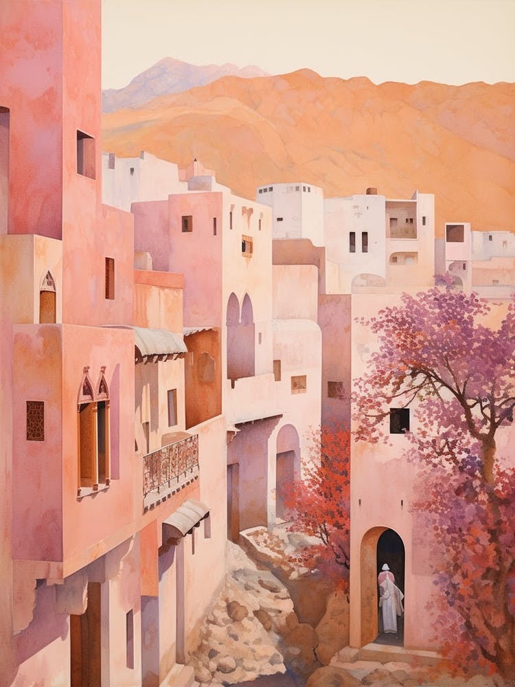 Agadir Morocco Vintage Pink Travel Illustration