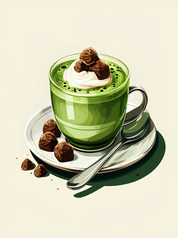 Steaming Cup Of Matcha With Chocolate Truffles