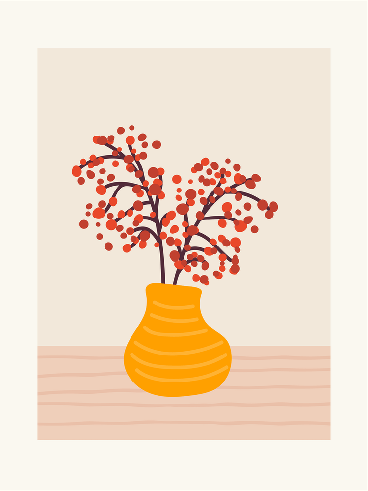 Red Berry Branch In A Yellow Vase
