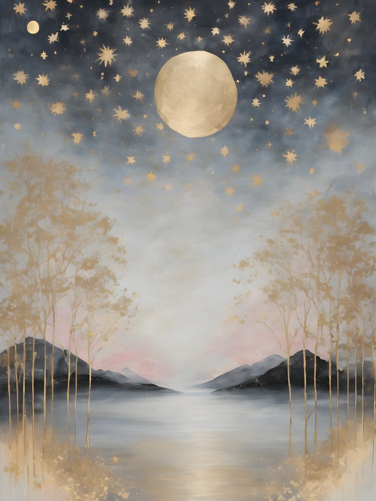 Wabi Sabi Dreams Collection 9 - Japanese Minimalism Abstract Moon Stars Mountains and Trees in Pale Neutral Pastels And Gold Leaf - Soul Scapes Nursery Baby Child or Meditation Room Tranquil Paintings For Serenity and Calm in Your Home