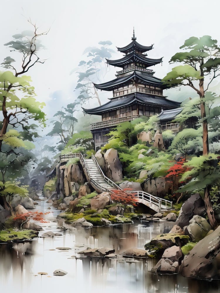 Ise Grand Shrine In Mie, Japanese Brush Painting, Ukiyo E, Minimal 1