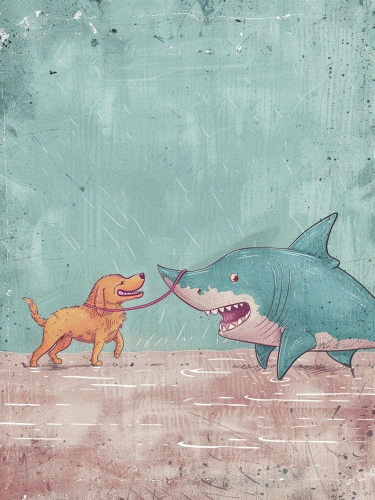 Shark Walking A Dog Textured Illustration