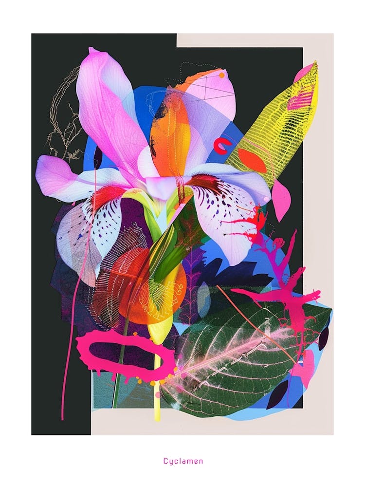 Cyclamen 4 Neon Flower Collage Poster