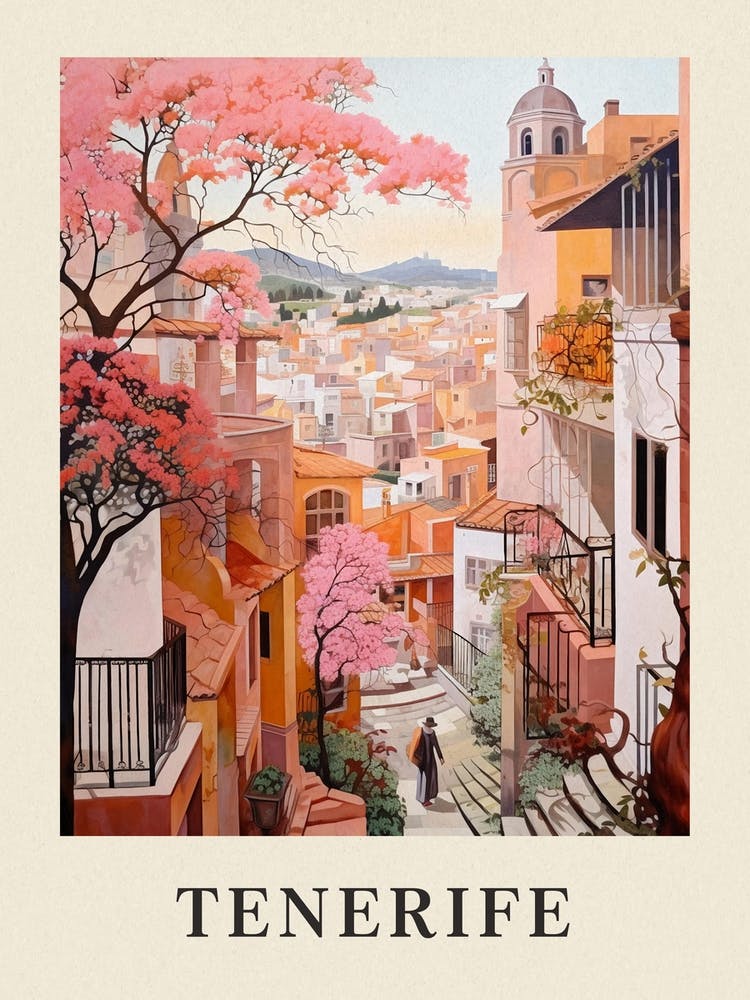Tenerife Spain 2 Vintage Pink Travel Illustration Poster