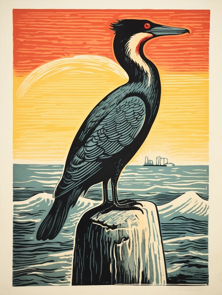 Vintage Bird Linocut Cormorant 1