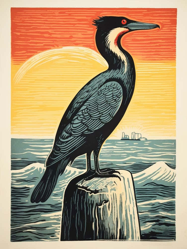 Vintage Bird Linocut Cormorant 1
