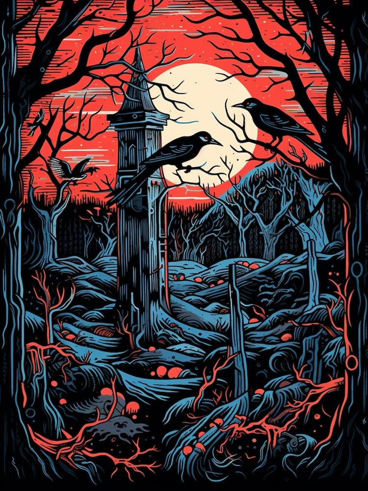 Birds And Branches Linocut Style 4