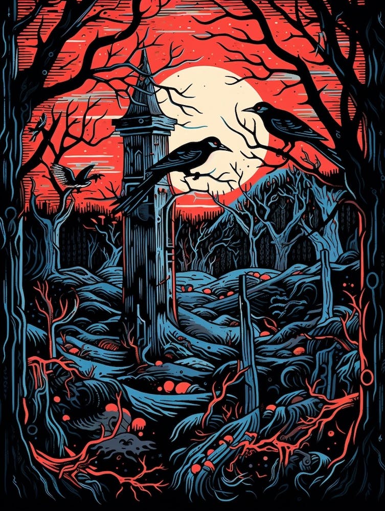 Birds And Branches Linocut Style 4