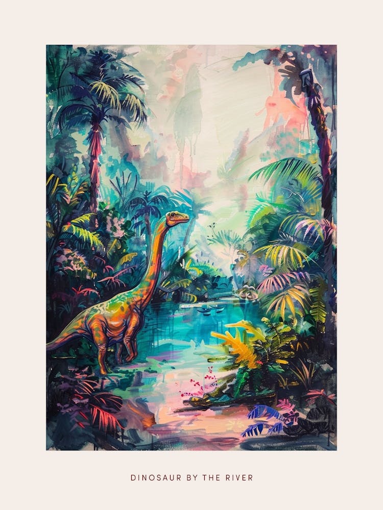 Dinosaure au bord de la Rivière - Peinture de Paysage 3 - Affiche