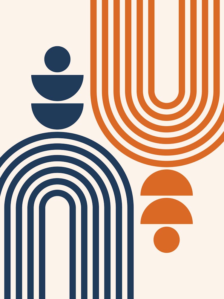 Midcentury Modern Geometric Arch Sun Abstract 3 In Navy Blue And Burnt Orange 01