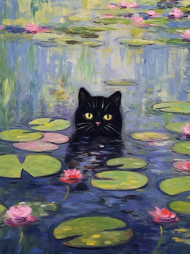Water Lilies And A Black Cat Inspired By Monet 3