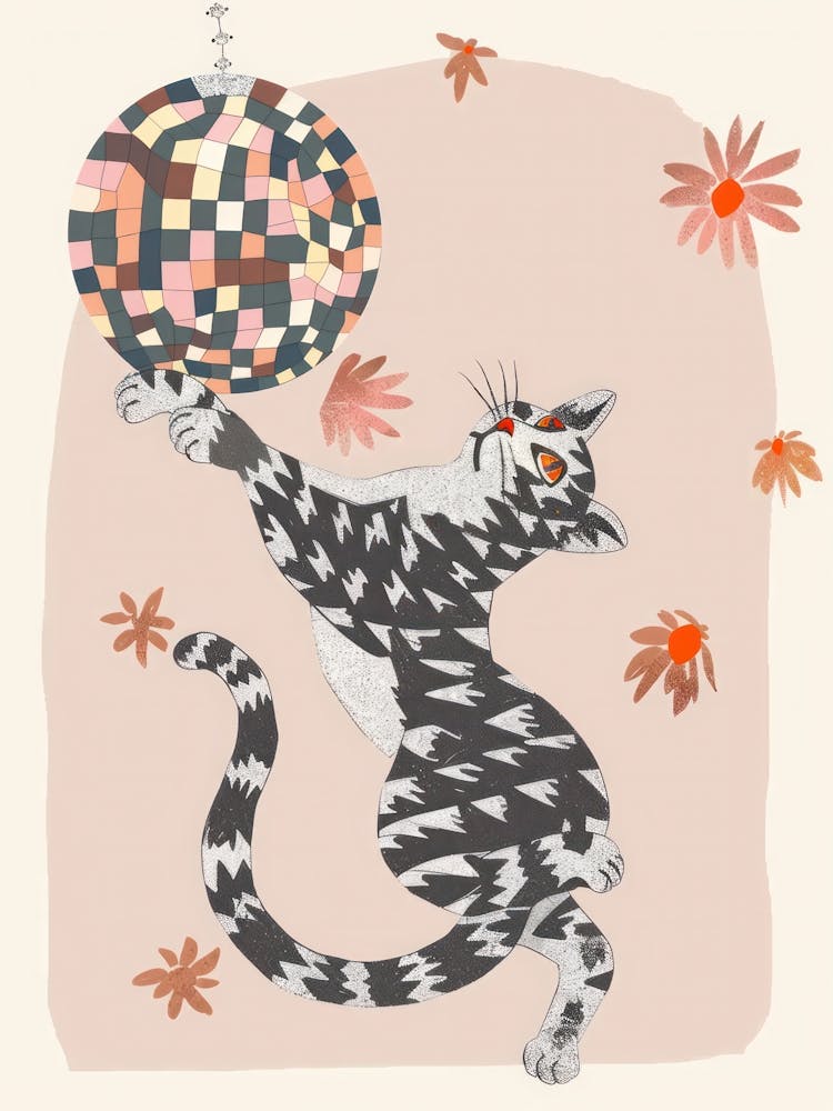 Disco Cat Print Whimsical Cat Disco Ball Funky Dopamine