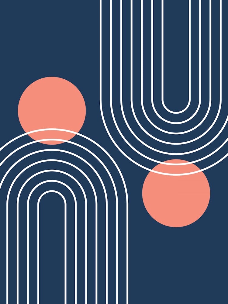 Mid Century Modern Geometric In Navy Blue And Coral (Rainbow And Sun Abstract) 01