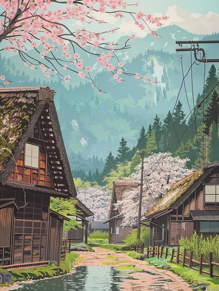 Shirakawa Go Japan 1 Retro Illustration