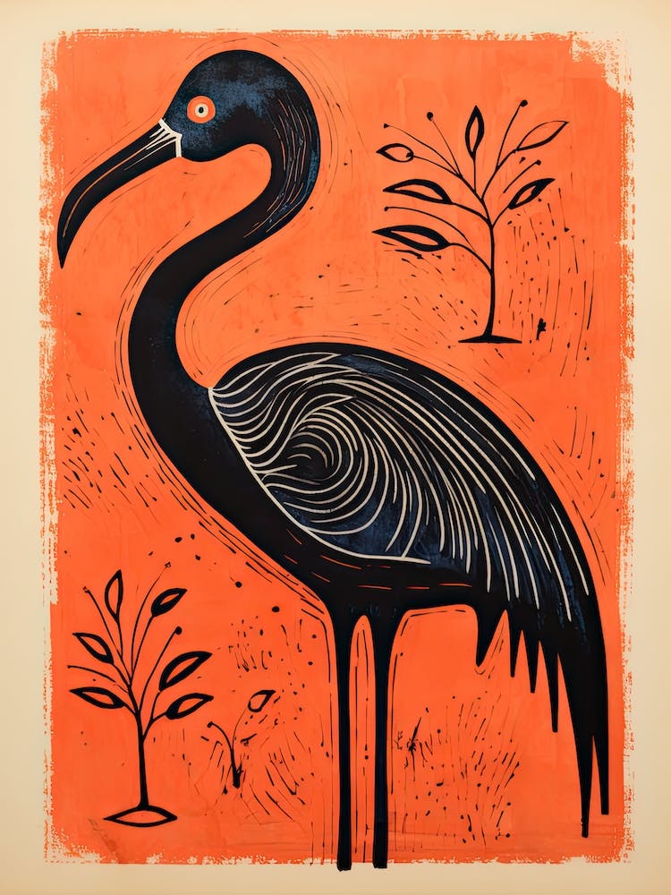 Flamingo, Woodblock Animal  Drawing 8
