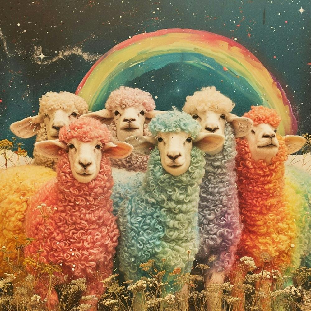 Rainbow Sheep Herd Retro Galaxy Collage