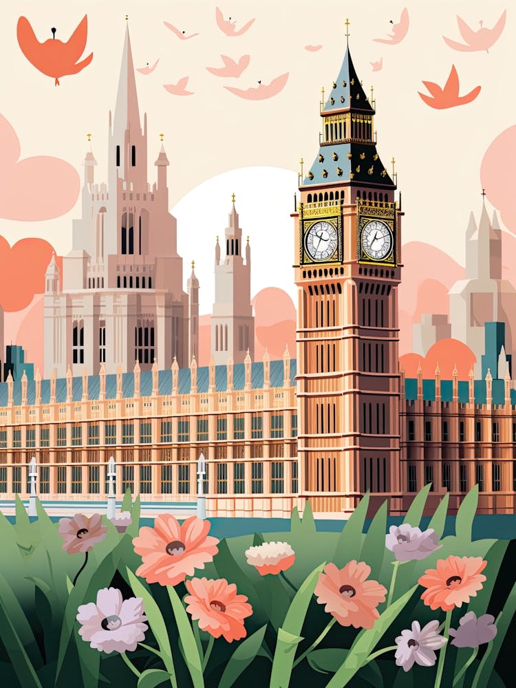 The Palace Of Westminster   London, England   Cute Botanical Illustration Travel 1