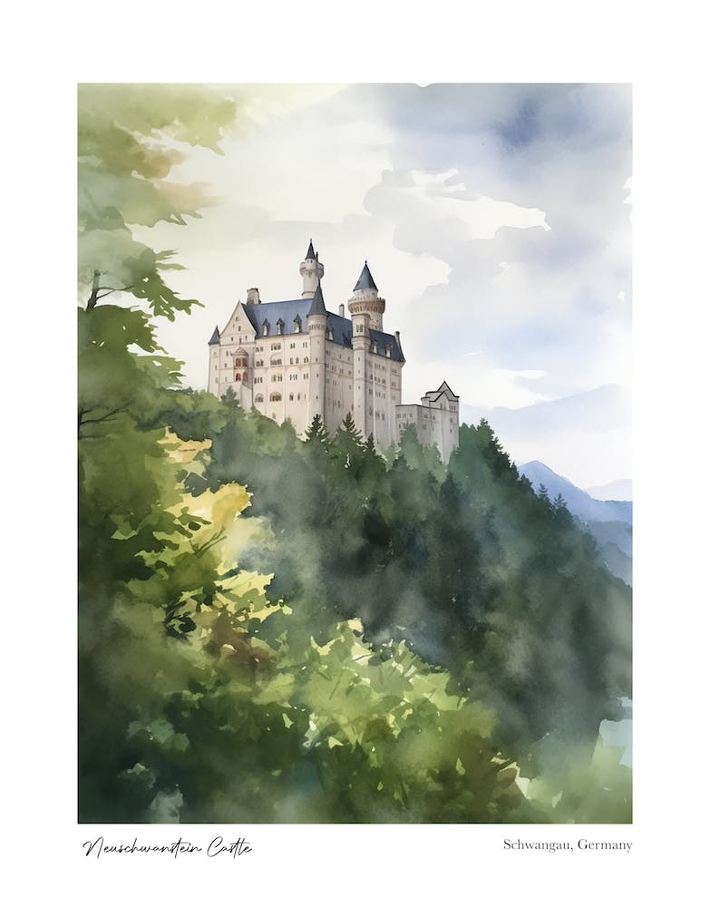 Neuschwanstein Castle 4 Watercolour Travel Poster