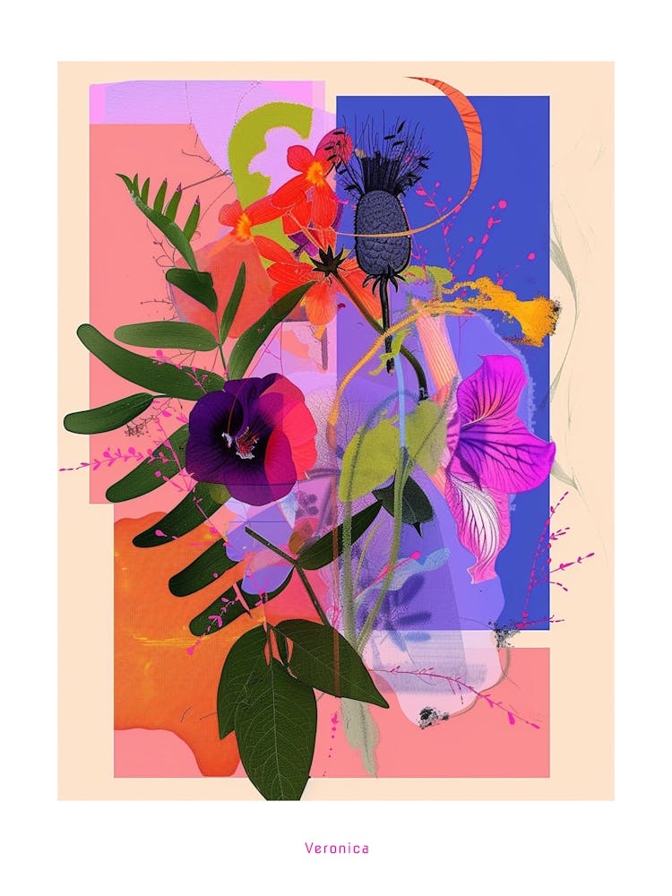 Veronica 3 Neon Flower Collage Poster