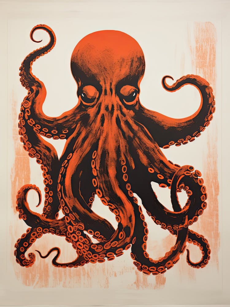 Octopus, Woodblock Animal  Drawing 3
