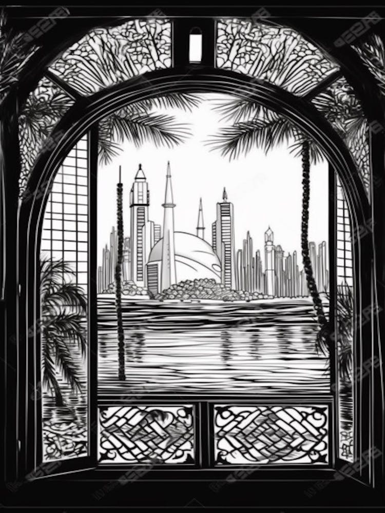 Window View Of Dubai United Arab Emirates   Black And White Colouring Pages Line Art 2