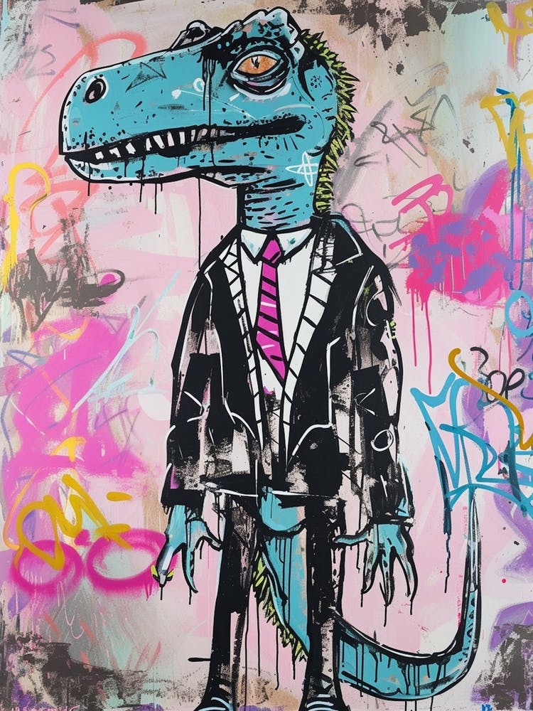 Dinosaure en costume style graffiti rose 1
