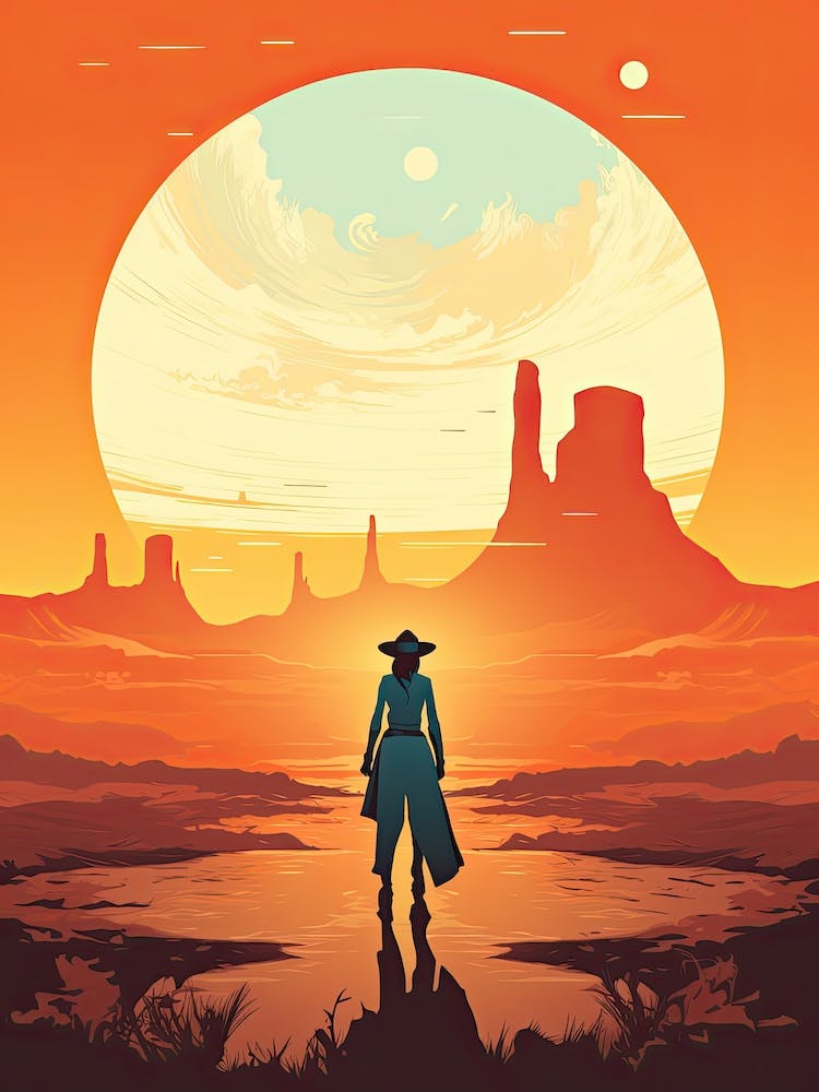 Cowgirl Riding A Horse In The Desert Orange Tones Illustration 8