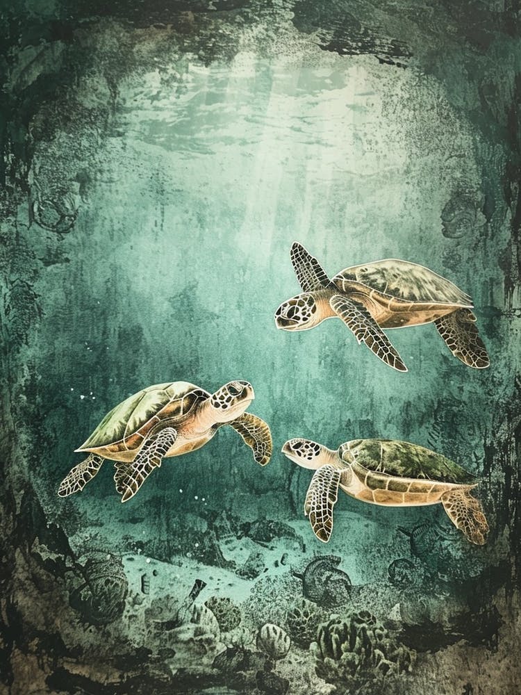 Sea Turtles In An Underwater World Textured Illustration 3