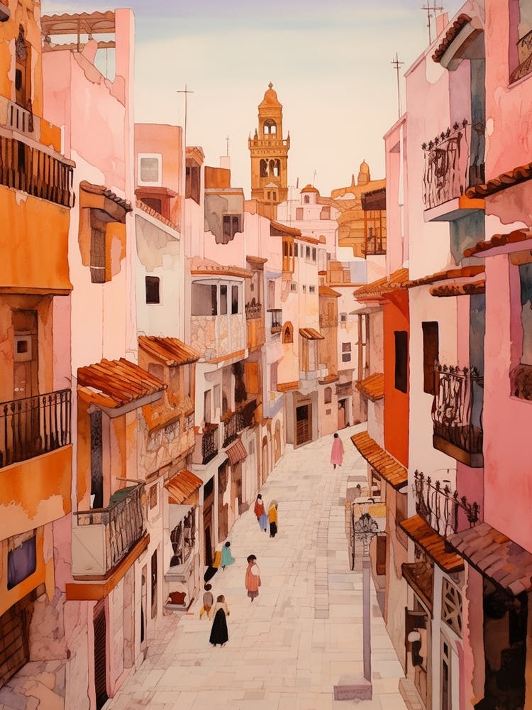 Cadiz Spain 4 Vintage Pink Travel Illustration