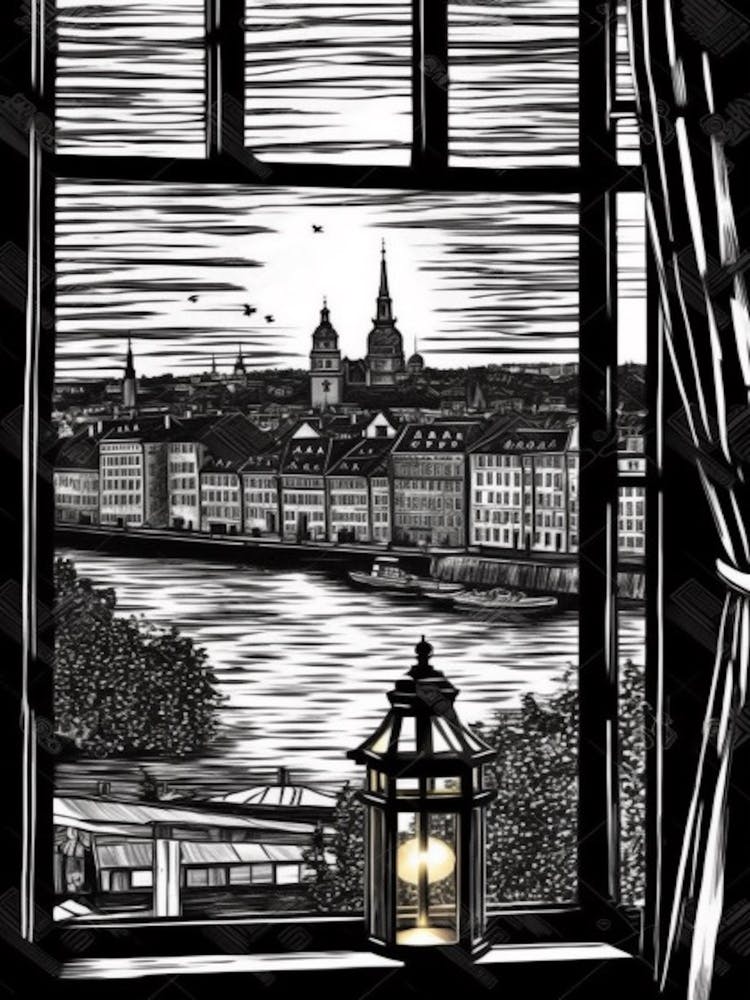 Window View Of Stockholm Sweden   Black And White Colouring Pages Line Art 2