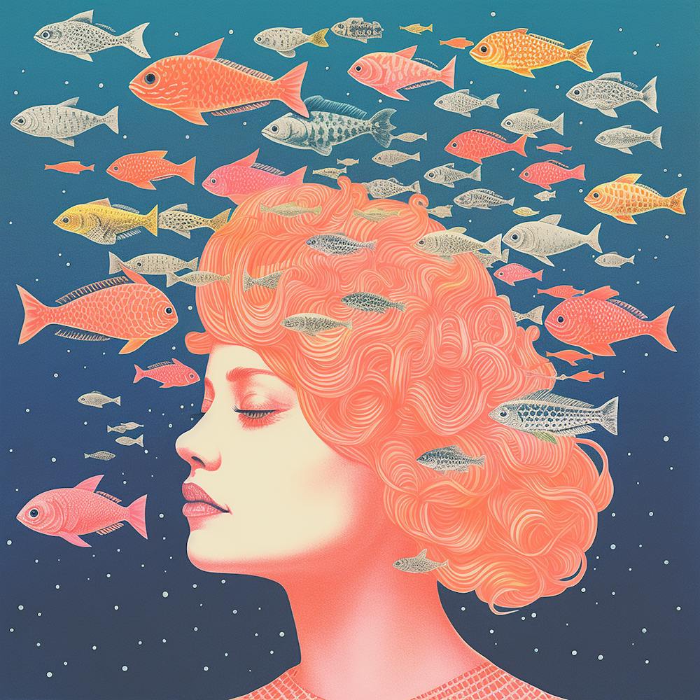 Surreal Woman & Floating Fish Portrait