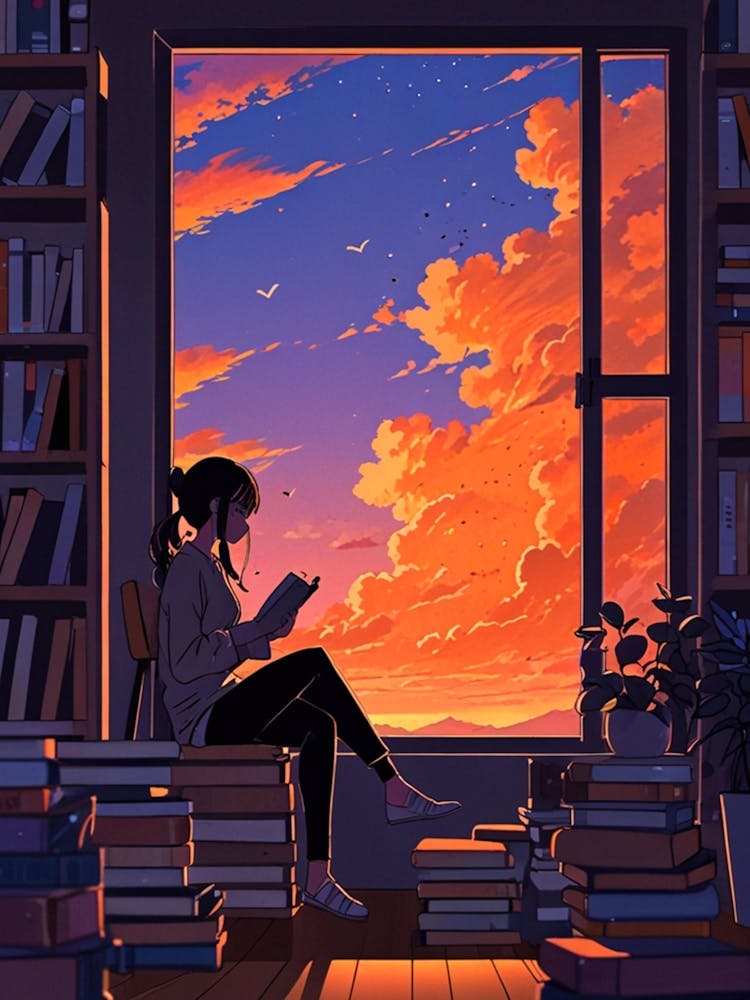 Anime Girl Reading Book