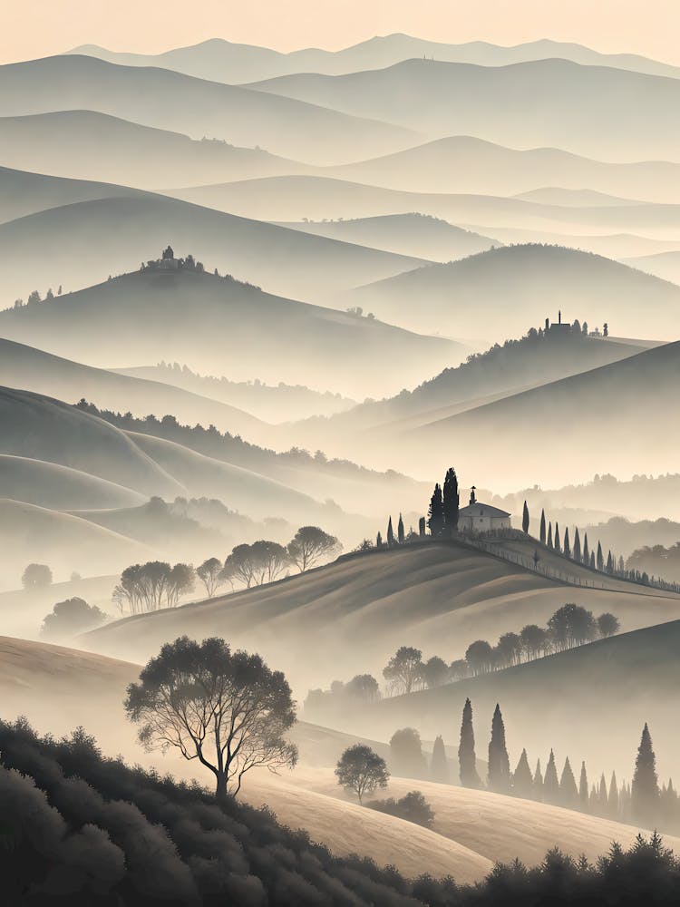 Foggy Hills In Layered Neutral Tones Vintage Etc